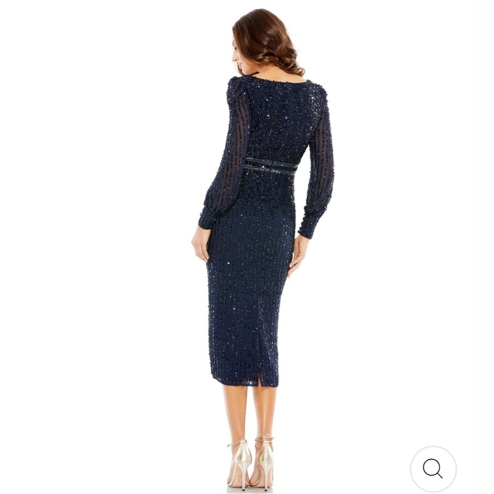 10 Mac Duggal Navy Long Sleeve Sequined Midi Dress 14 V neck Evening Formal - Picture 3 of 12